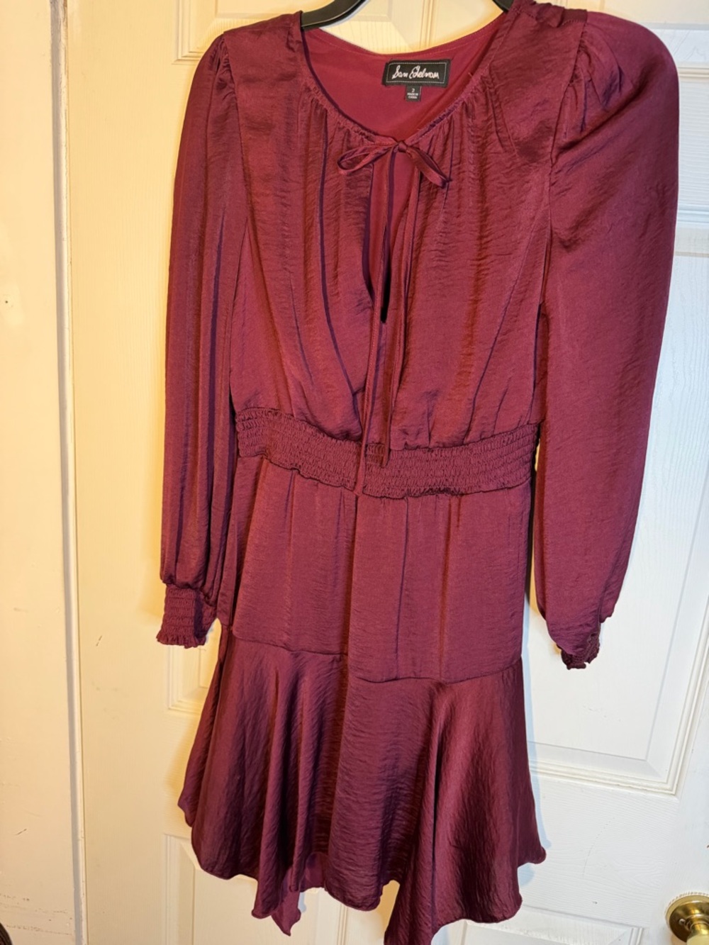 Sam Edelman Plum A Line Long-Sleeve Tie-Neck Smocked Mini Dress 2